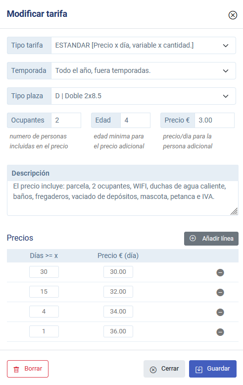 Configuración de tarifas y temporadas